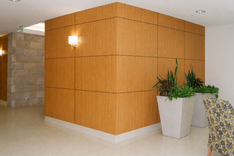 modern interior corner with wood paneling, wall sconce, and two large potted plants on tiled floor