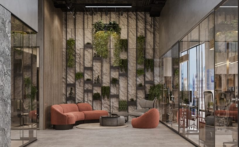 Institutional building interior with wood finishes